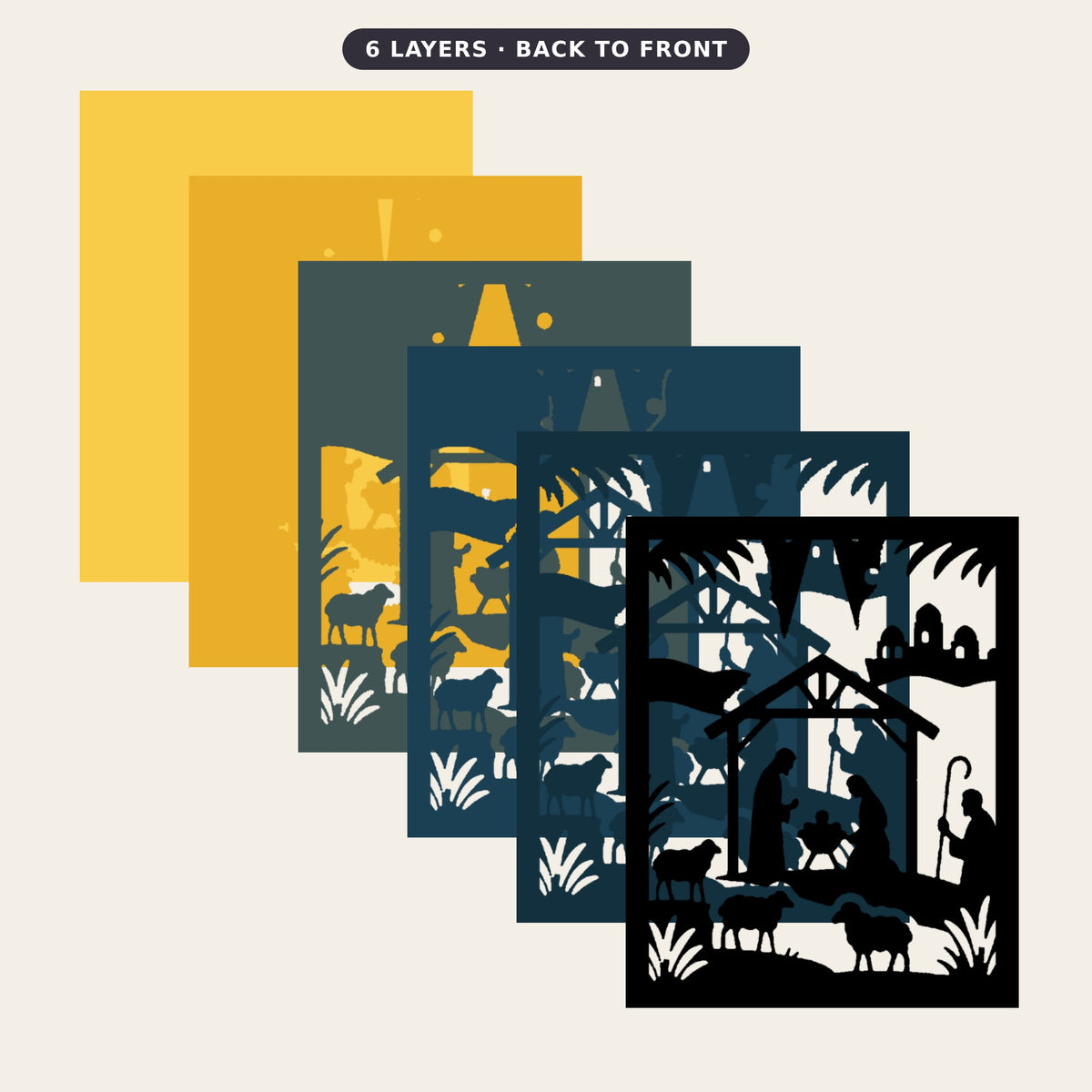 Layered nativity shadow box showing black silhouettes of Mary, Joseph and baby Jesus in a stable beneath a glowing golden Bethlehem star, with shepherds, sheep and a distant town against a blue and gold night sky.