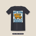 Orange dump truck loaded with a fish cracker, juice box, cookie and toy dinosaur, with the text Boy Mom above and Running On Snacks below in blue sticker-style lettering.