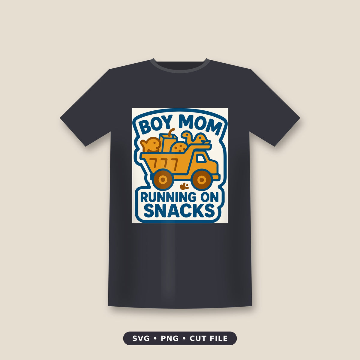 Orange dump truck loaded with a fish cracker, juice box, cookie and toy dinosaur, with the text Boy Mom above and Running On Snacks below in blue sticker-style lettering.
