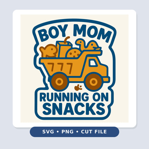 Orange dump truck loaded with a fish cracker, juice box, cookie and toy dinosaur, with the text Boy Mom above and Running On Snacks below in blue sticker-style lettering.