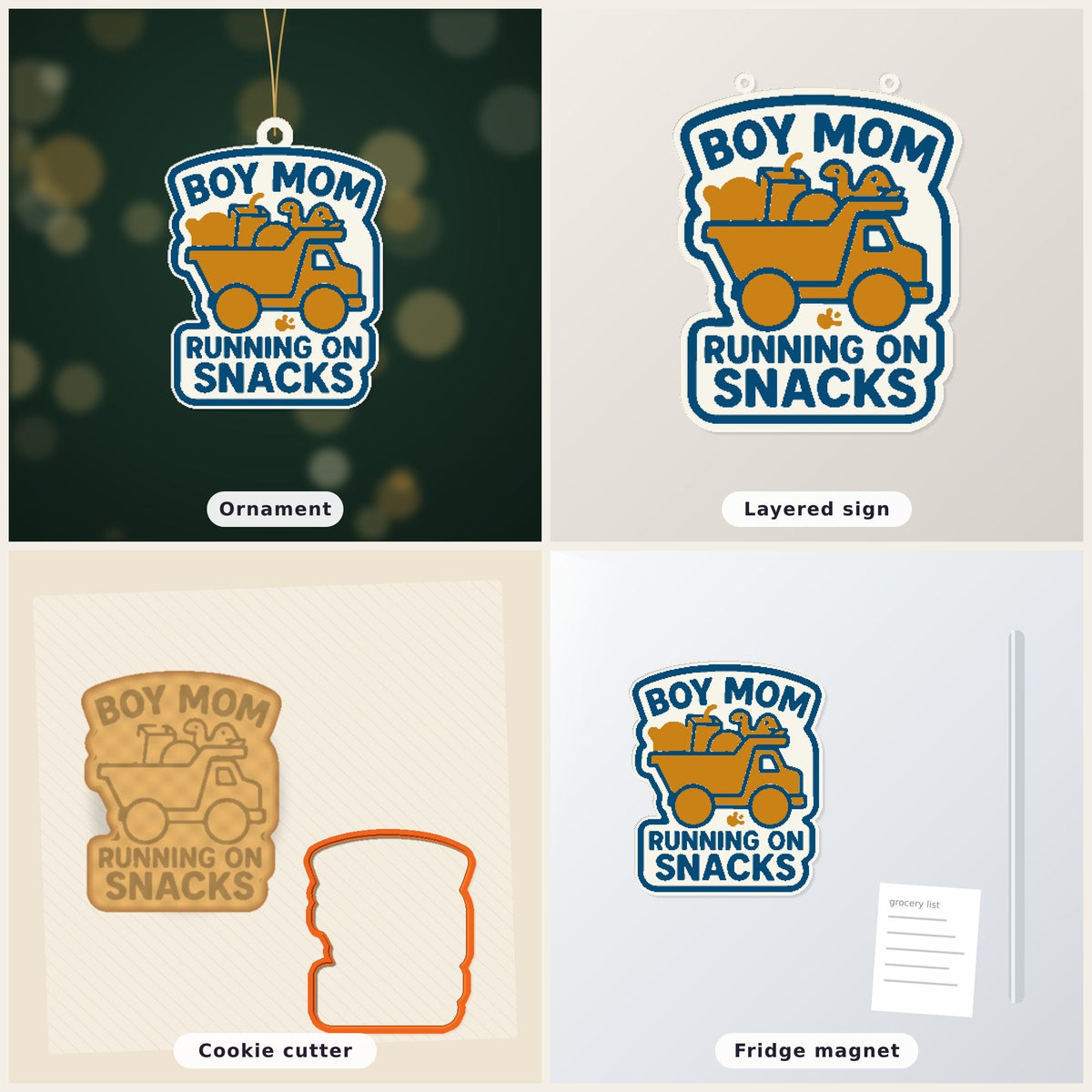 Round-cornered ornament with a blue border and the text Boy Mom Running On Snacks above an orange toy dump truck carrying a teddy bear, a juice cup, a ball and a dinosaur, hanging on a dark green bokeh background.