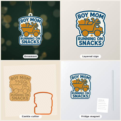 Round-cornered ornament with a blue border and the text Boy Mom Running On Snacks above an orange toy dump truck carrying a teddy bear, a juice cup, a ball and a dinosaur, hanging on a dark green bokeh background.
