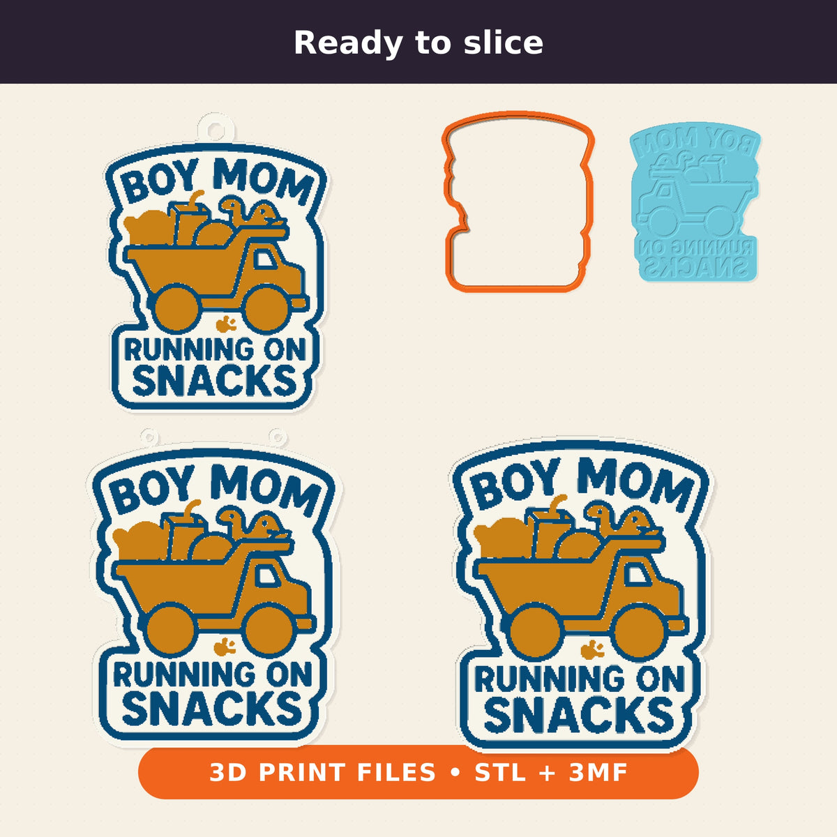 Round-cornered ornament with a blue border and the text Boy Mom Running On Snacks above an orange toy dump truck carrying a teddy bear, a juice cup, a ball and a dinosaur, hanging on a dark green bokeh background.