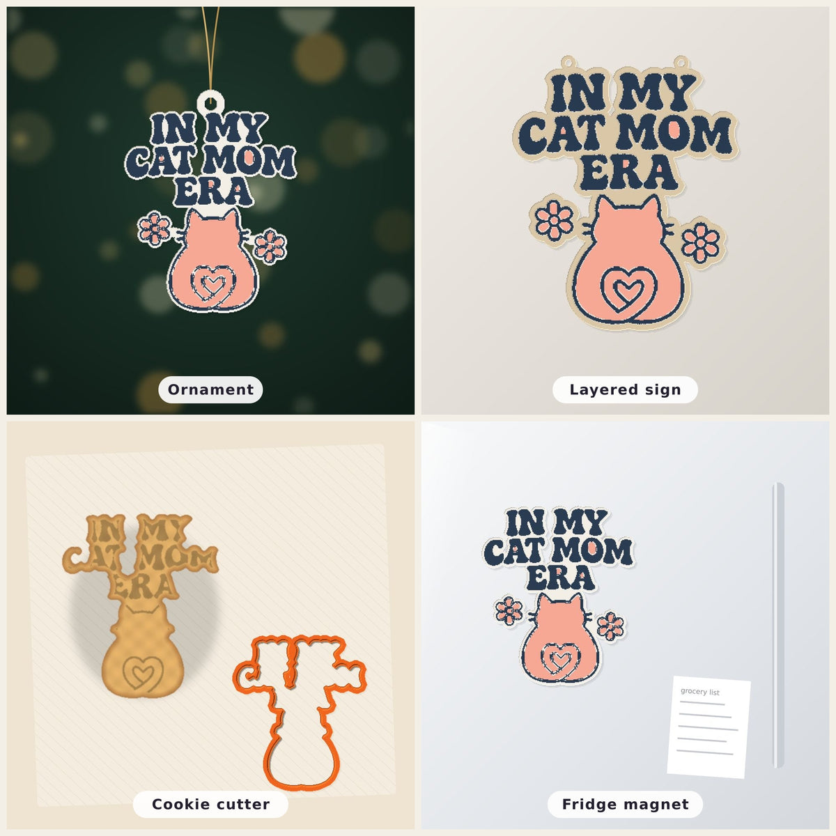 Pixel-style ornament with navy retro wavy text "In My Cat Mom Era" above a pink cat seen from behind with a heart-shaped tail and two flowers, on a dark green bokeh background labeled 75 mm ornament, 4 colors.