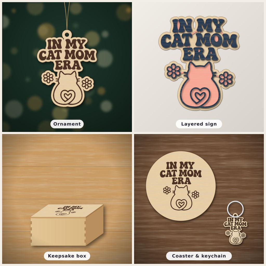 Laser cut wooden ornament engraved with the retro wavy text In My Cat Mom Era, a cat silhouette with a heart-shaped tail and two flowers, hanging on a dark green bokeh background.