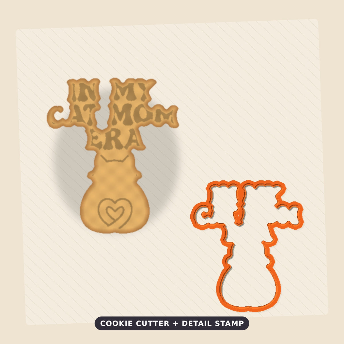 Pixel-style ornament with navy retro wavy text "In My Cat Mom Era" above a pink cat seen from behind with a heart-shaped tail and two flowers, on a dark green bokeh background labeled 75 mm ornament, 4 colors.