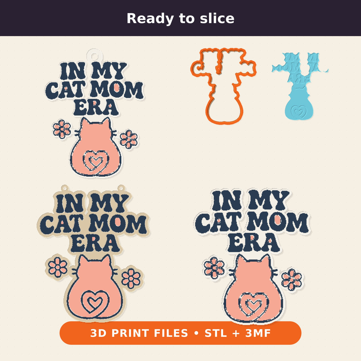 Pixel-style ornament with navy retro wavy text "In My Cat Mom Era" above a pink cat seen from behind with a heart-shaped tail and two flowers, on a dark green bokeh background labeled 75 mm ornament, 4 colors.