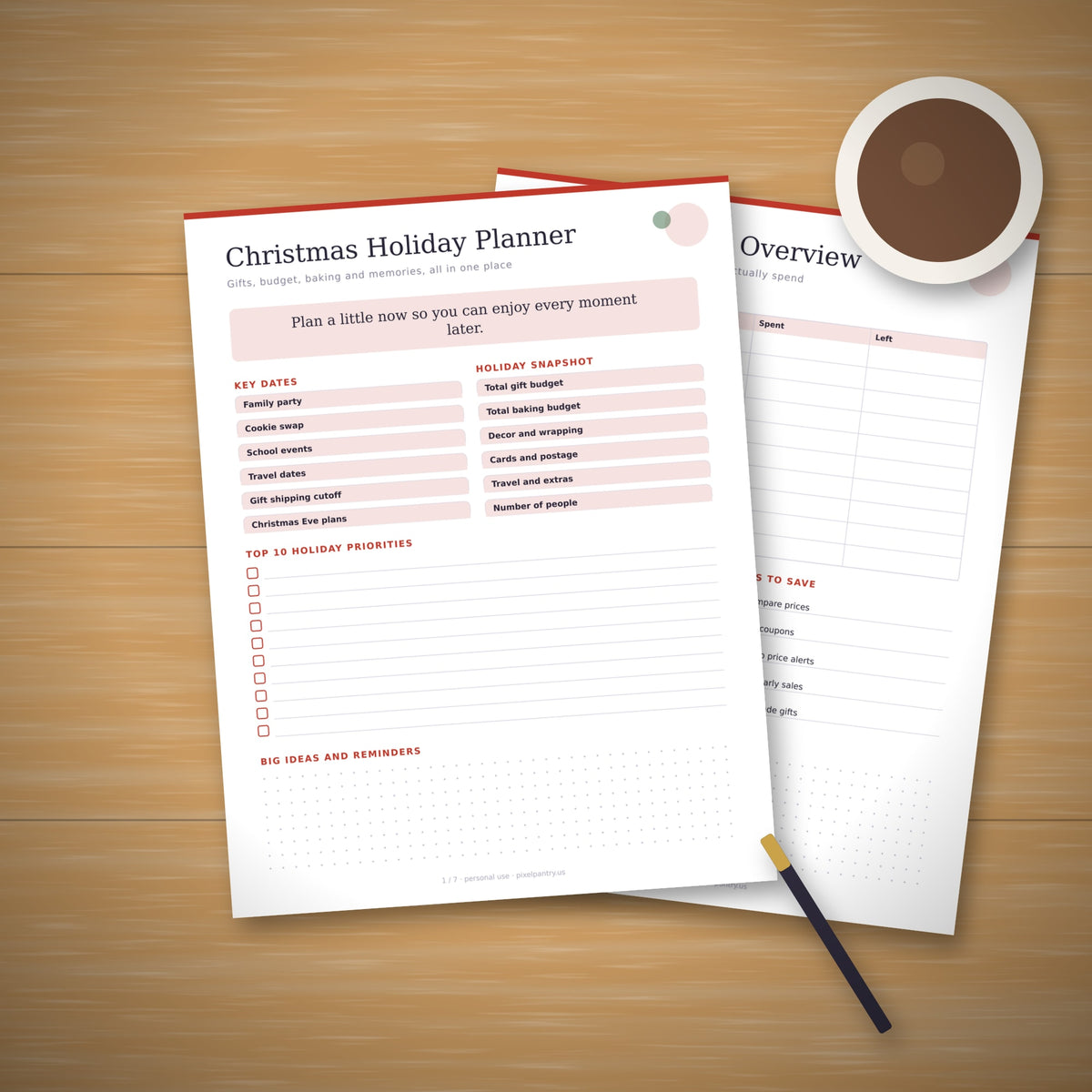 Christmas Holiday Planner page with key dates, a holiday snapshot of budgets, a top 10 priorities checklist and a dotted notes section in soft pink and red.