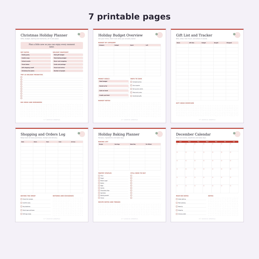 Christmas Holiday Planner page with key dates, a holiday snapshot of budgets, a top 10 priorities checklist and a dotted notes section in soft pink and red.