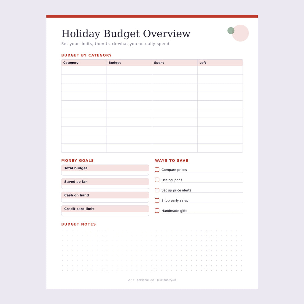 Christmas Holiday Planner page with key dates, a holiday snapshot of budgets, a top 10 priorities checklist and a dotted notes section in soft pink and red.