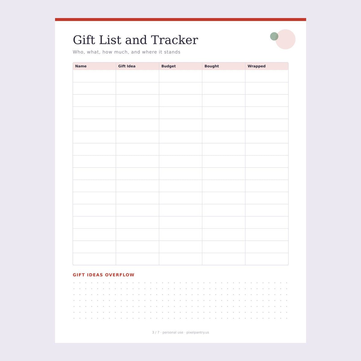 Christmas Holiday Planner page with key dates, a holiday snapshot of budgets, a top 10 priorities checklist and a dotted notes section in soft pink and red.