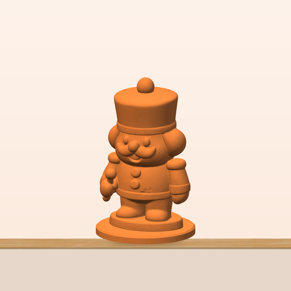 A chunky orange 3D printed nutcracker soldier figurine with a tall hat, round mustache, curly side hair, buttons and a round display base.