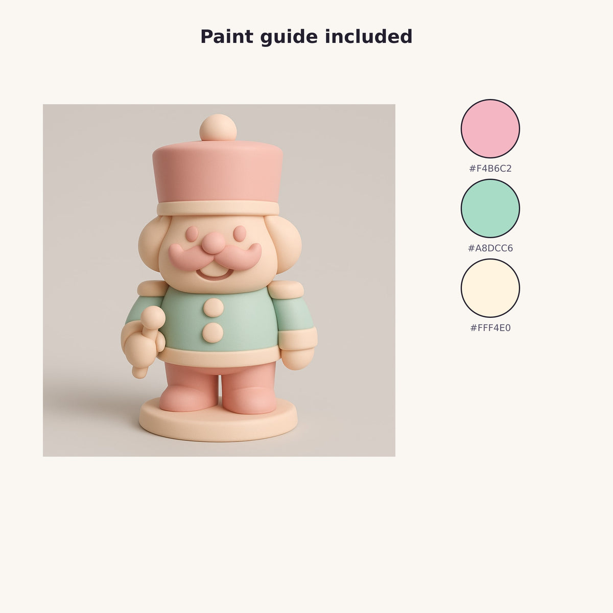 A chunky orange 3D printed nutcracker soldier figurine with a tall hat, round mustache, curly side hair, buttons and a round display base.