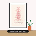 Watercolor-style stack of six soft pink bows forming a Christmas tree on a cream background with the text Merry & Bright below.