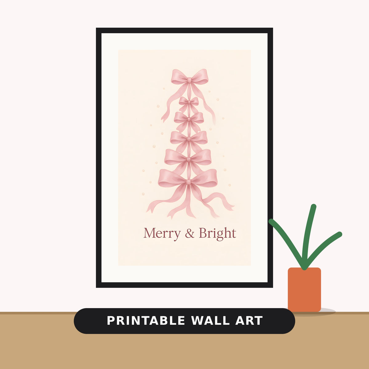 Watercolor-style stack of six soft pink bows forming a Christmas tree on a cream background with the text Merry & Bright below.