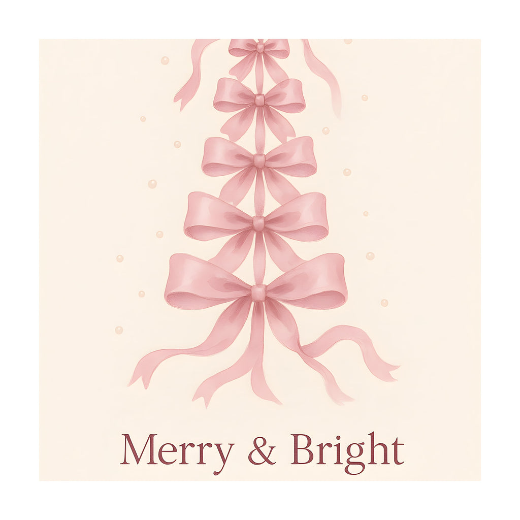 Watercolor-style stack of six soft pink bows forming a Christmas tree on a cream background with the text Merry & Bright below.