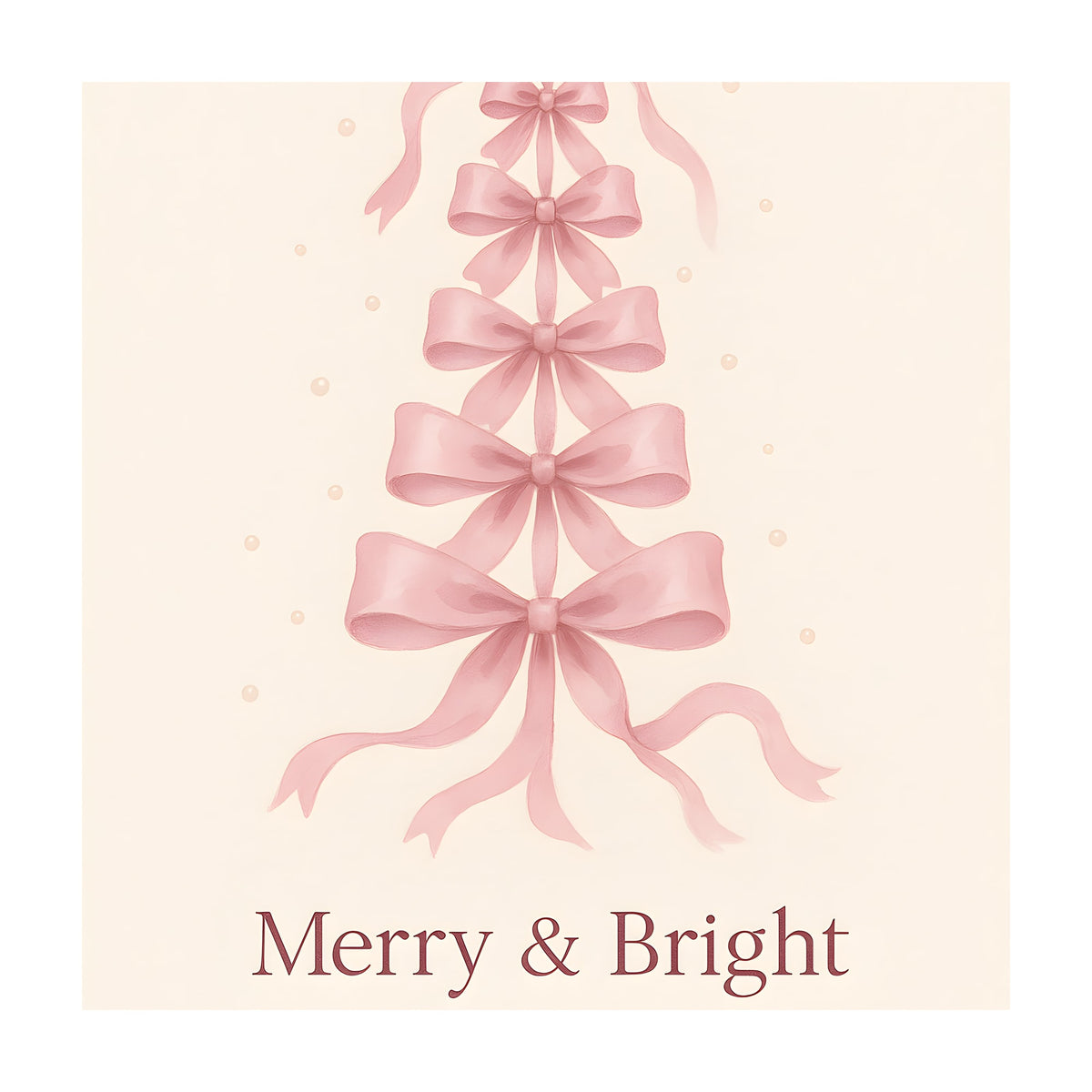 Watercolor-style stack of six soft pink bows forming a Christmas tree on a cream background with the text Merry & Bright below.