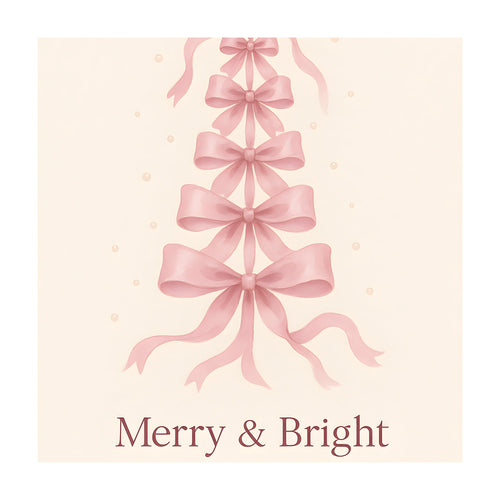 Watercolor-style stack of six soft pink bows forming a Christmas tree on a cream background with the text Merry & Bright below.