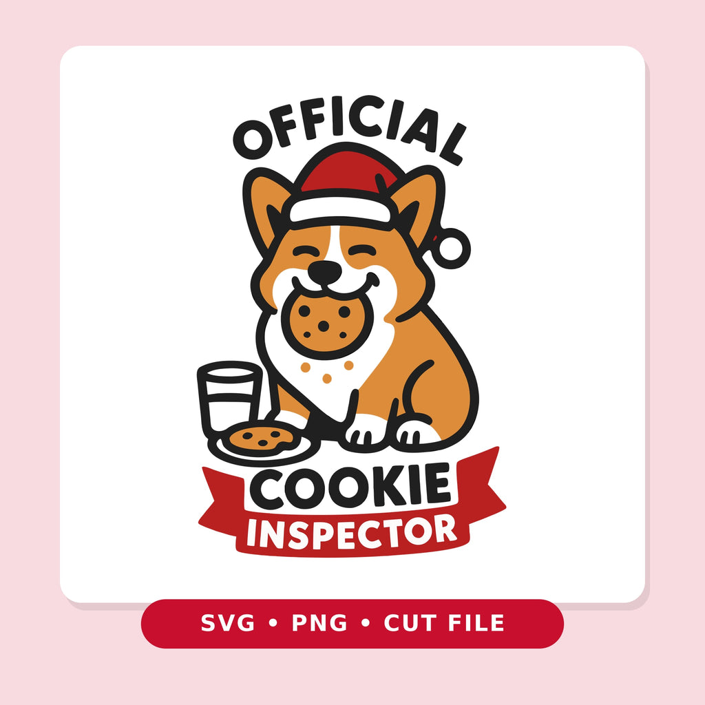 Cartoon corgi in a red Santa hat happily eating a cookie beside a glass of milk and a cookie plate, with the text Official Cookie Inspector on a red banner.