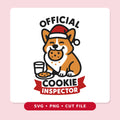 Cartoon corgi in a red Santa hat happily eating a cookie beside a glass of milk and a cookie plate, with the text Official Cookie Inspector on a red banner.
