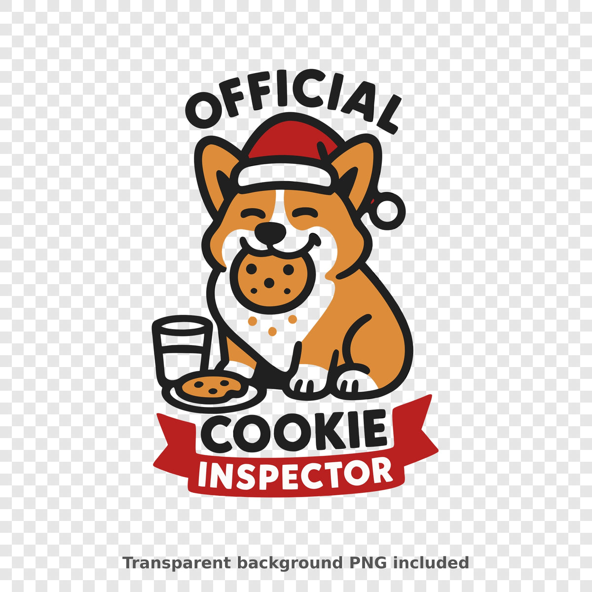 Cartoon corgi in a red Santa hat happily eating a cookie beside a glass of milk and a cookie plate, with the text Official Cookie Inspector on a red banner.
