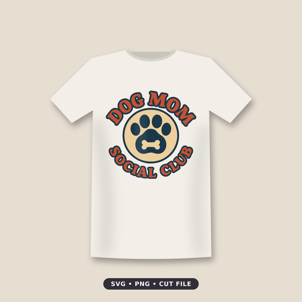 Retro circular Dog Mom Social Club design with orange lettering, a navy paw print holding a cream dog bone, on a cream circle with a navy outline.