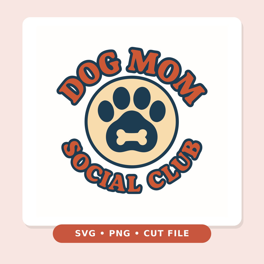 Retro circular Dog Mom Social Club design with orange lettering, a navy paw print holding a cream dog bone, on a cream circle with a navy outline.