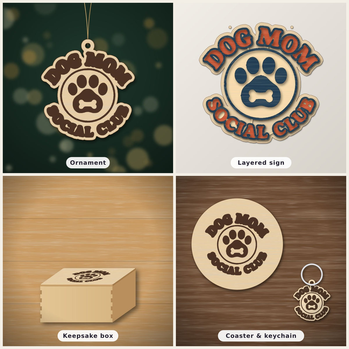 Round wooden laser cut ornament engraved with the words Dog Mom Social Club around a paw print with a bone, hanging on a thin cord against a dark green background with golden bokeh lights.