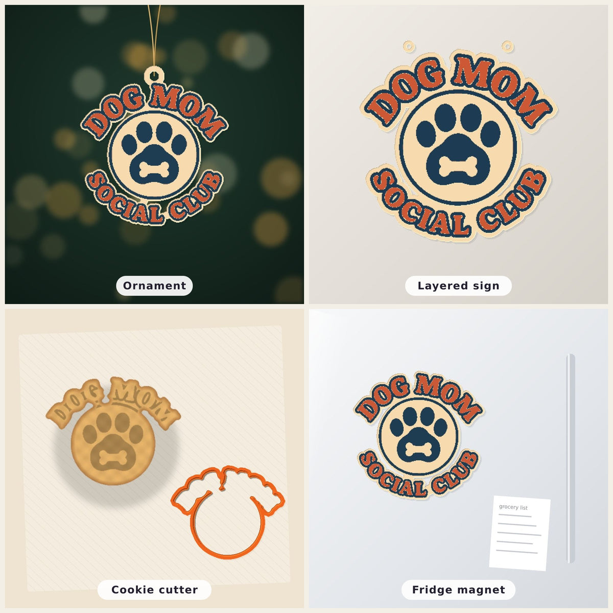 Round Dog Mom Social Club ornament with an orange retro lettering border and a navy paw print with a bone on a cream badge, hanging on a gold string against a dark green background with golden bokeh lights.