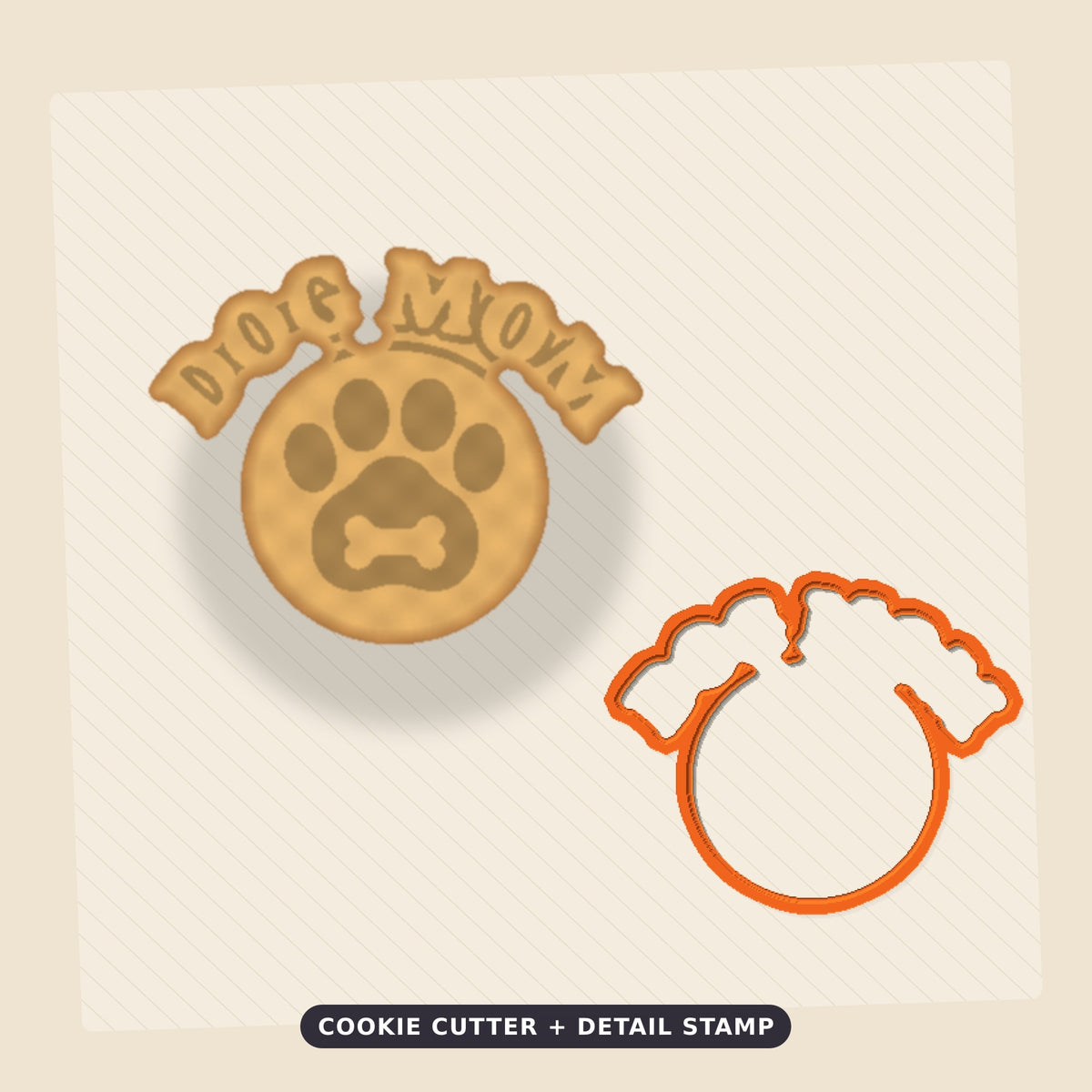 Round Dog Mom Social Club ornament with an orange retro lettering border and a navy paw print with a bone on a cream badge, hanging on a gold string against a dark green background with golden bokeh lights.