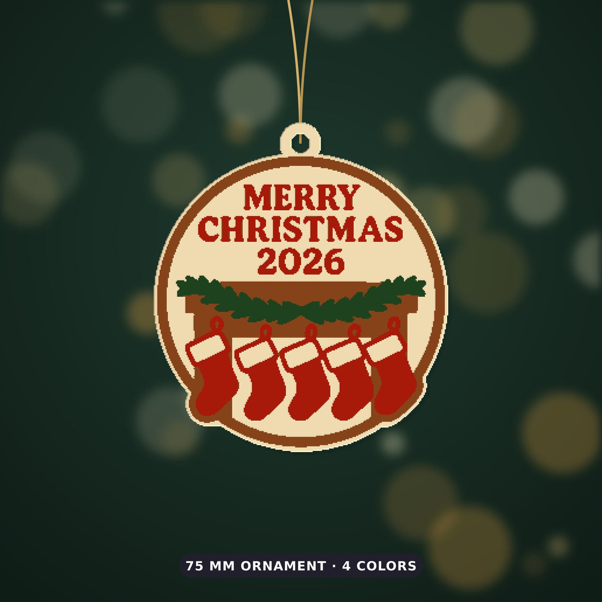 Round cream and brown Merry Christmas 2026 ornament showing five red stockings hanging from a mantel with a green garland, on a blurred dark green background with golden lights.