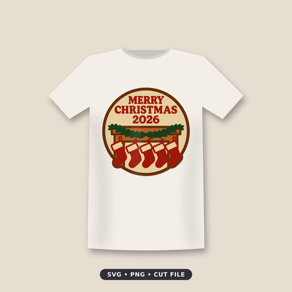 Round Merry Christmas 2026 ornament design with five red stockings hanging from a wooden mantel decorated with a green pine garland.