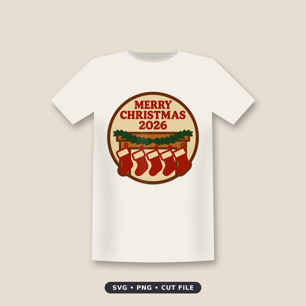Round Merry Christmas 2026 ornament design with five red stockings hanging from a wooden mantel decorated with a green pine garland.