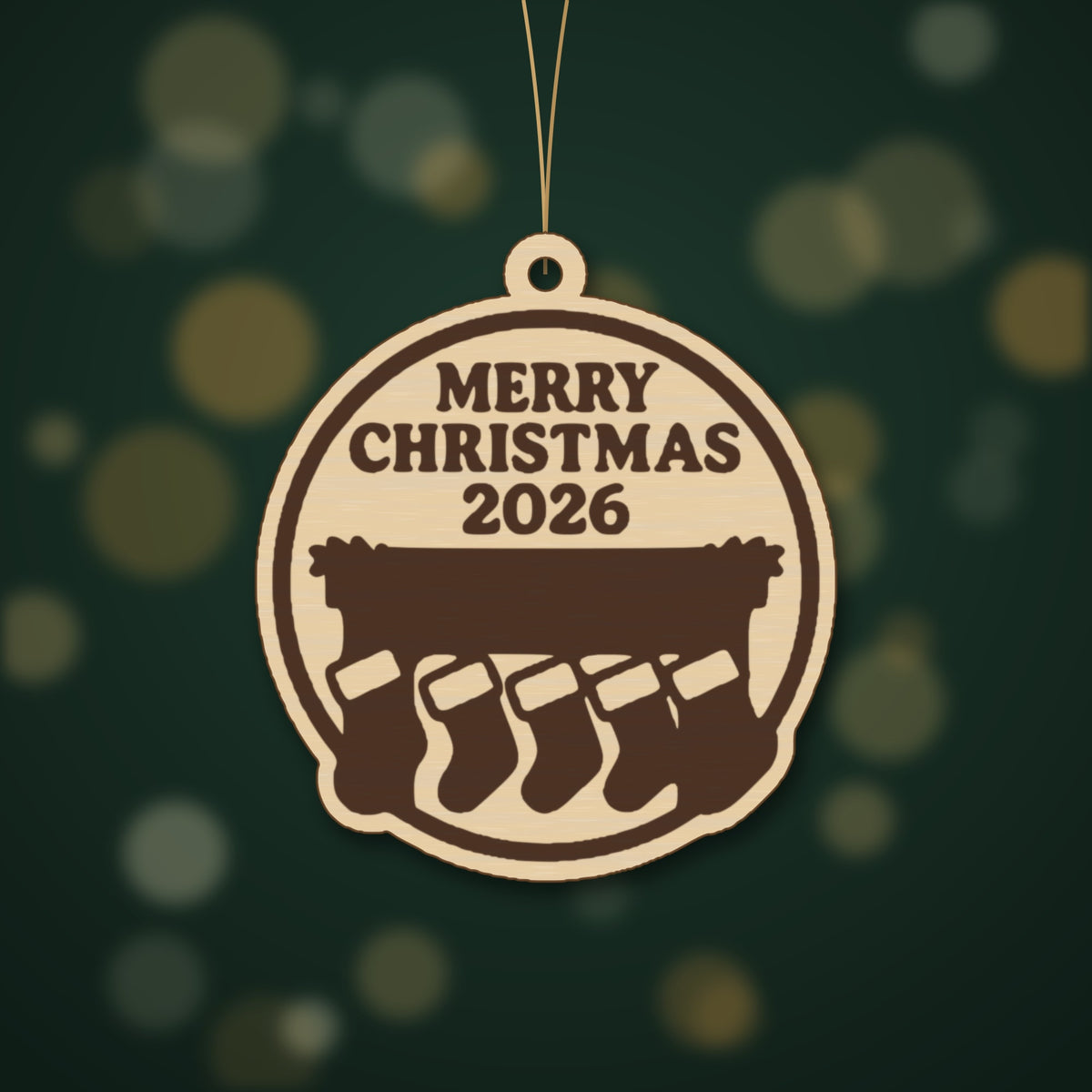 Round wooden Christmas ornament engraved with Merry Christmas 2026 above a mantel with five hanging stockings, on a dark green background with soft golden lights.