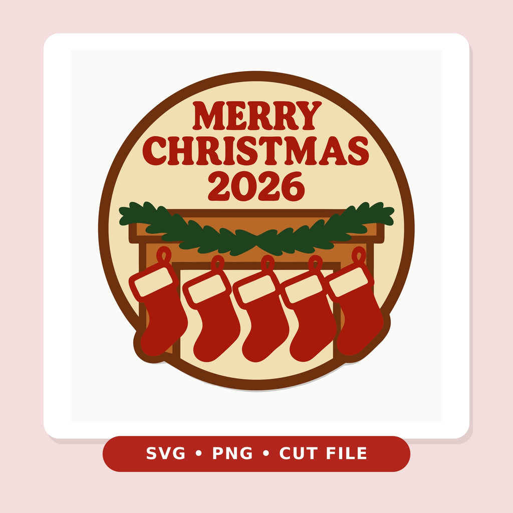 Round Merry Christmas 2026 ornament design with five red stockings hanging from a wooden mantel decorated with a green pine garland.