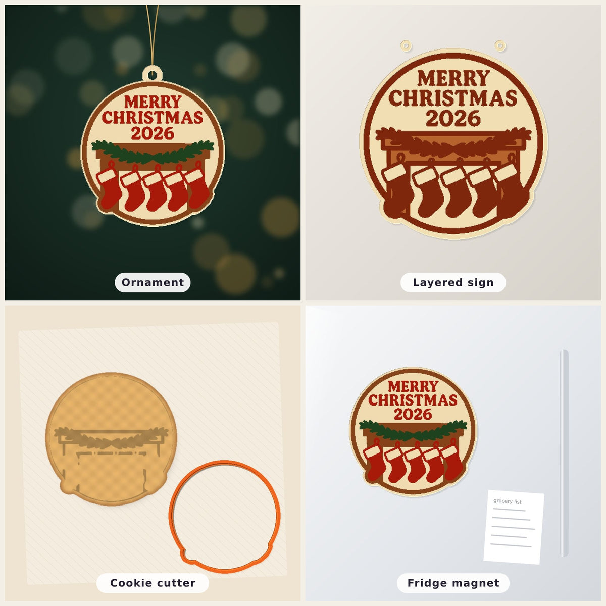 Round cream and brown Merry Christmas 2026 ornament showing five red stockings hanging from a mantel with a green garland, on a blurred dark green background with golden lights.
