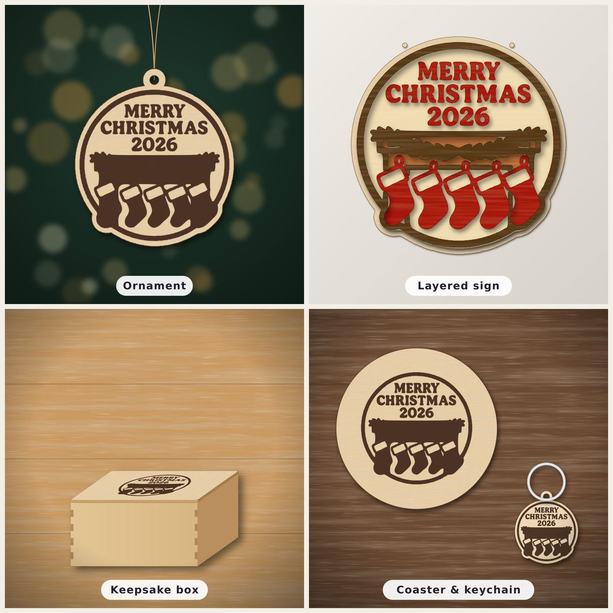 Round wooden Christmas ornament engraved with Merry Christmas 2026 above a mantel with five hanging stockings, on a dark green background with soft golden lights.