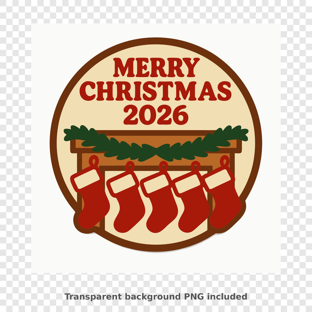 Round Merry Christmas 2026 ornament design with five red stockings hanging from a wooden mantel decorated with a green pine garland.