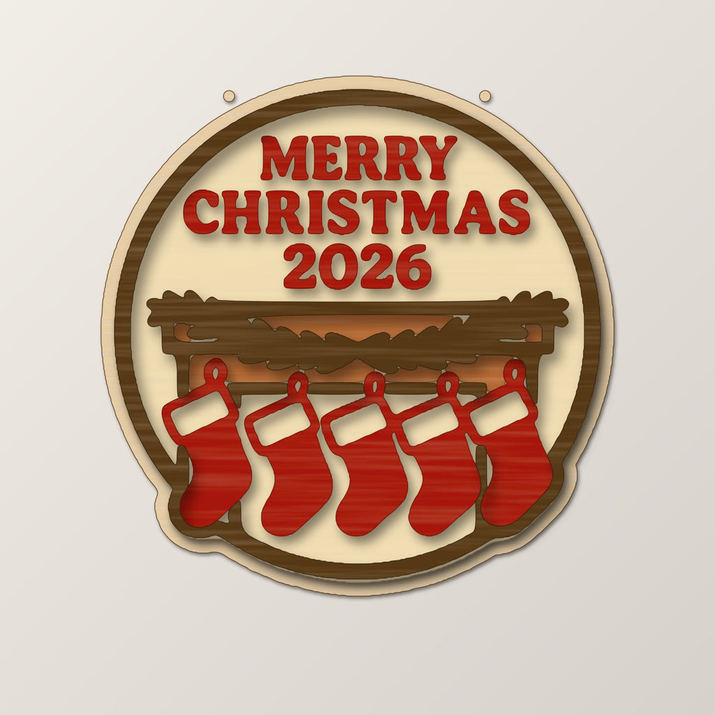 Round wooden Christmas ornament engraved with Merry Christmas 2026 above a mantel with five hanging stockings, on a dark green background with soft golden lights.
