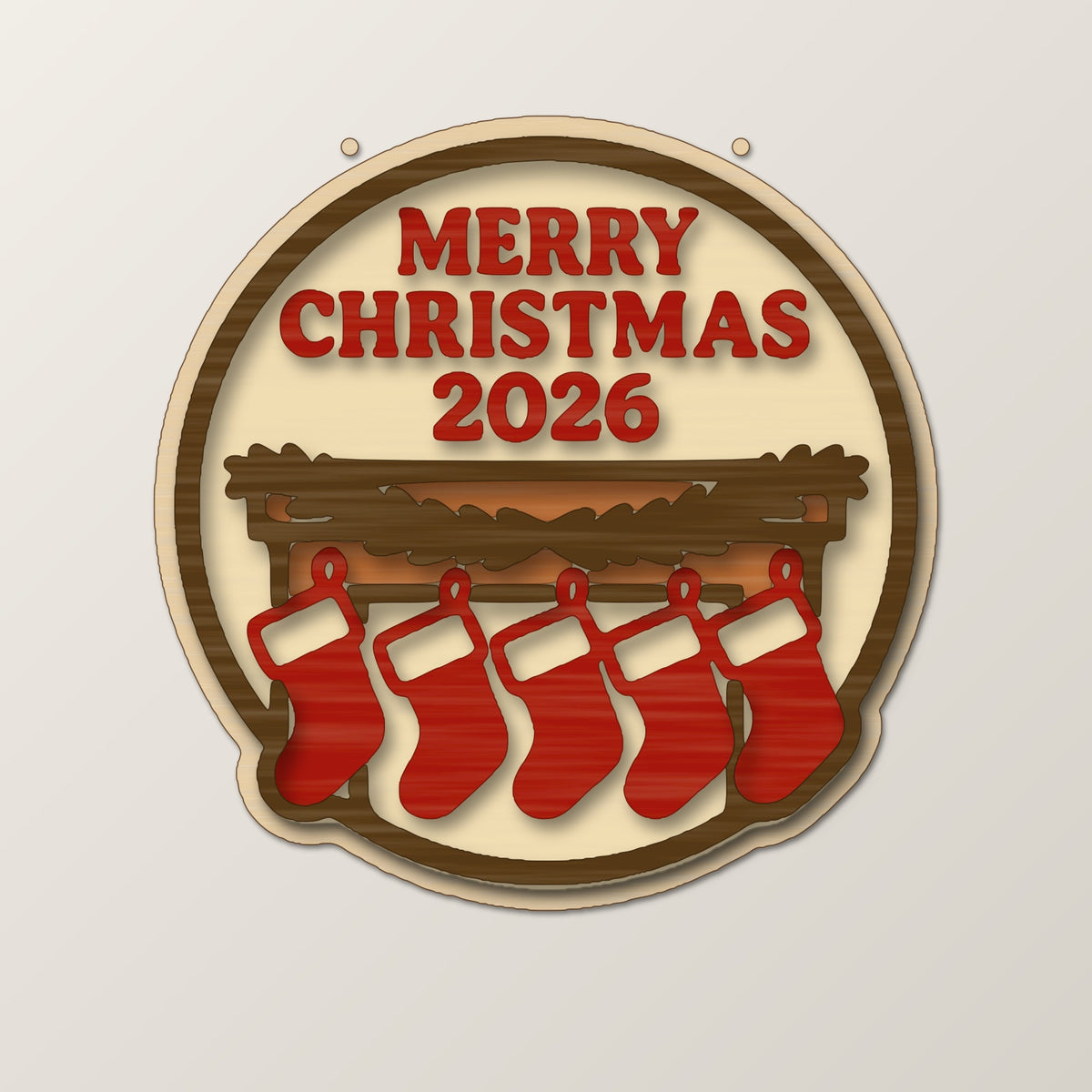 Round wooden Christmas ornament engraved with Merry Christmas 2026 above a mantel with five hanging stockings, on a dark green background with soft golden lights.