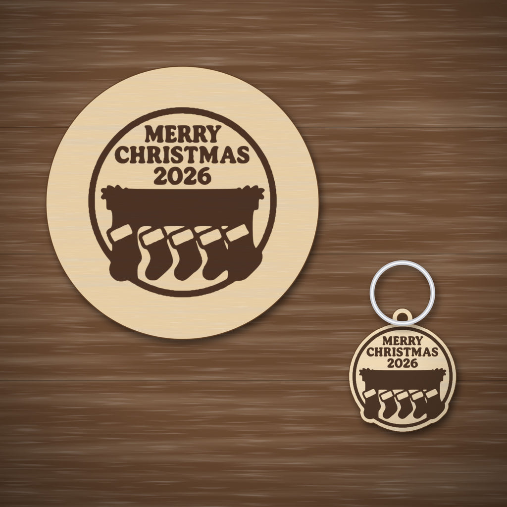 Round wooden Christmas ornament engraved with Merry Christmas 2026 above a mantel with five hanging stockings, on a dark green background with soft golden lights.