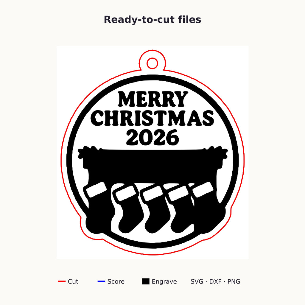 Round wooden Christmas ornament engraved with Merry Christmas 2026 above a mantel with five hanging stockings, on a dark green background with soft golden lights.