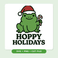 Cute green cartoon frog wearing a red Santa hat and holding a candy cane above the dark green text "Hoppy Holidays".