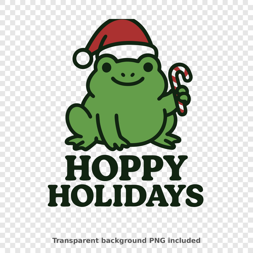 Cute green cartoon frog wearing a red Santa hat and holding a candy cane above the dark green text "Hoppy Holidays".
