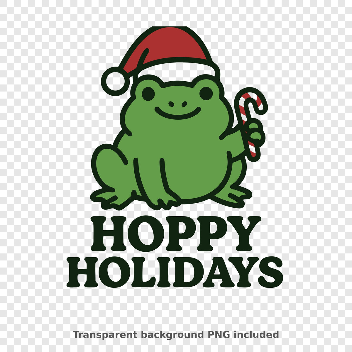 Cute green cartoon frog wearing a red Santa hat and holding a candy cane above the dark green text "Hoppy Holidays".