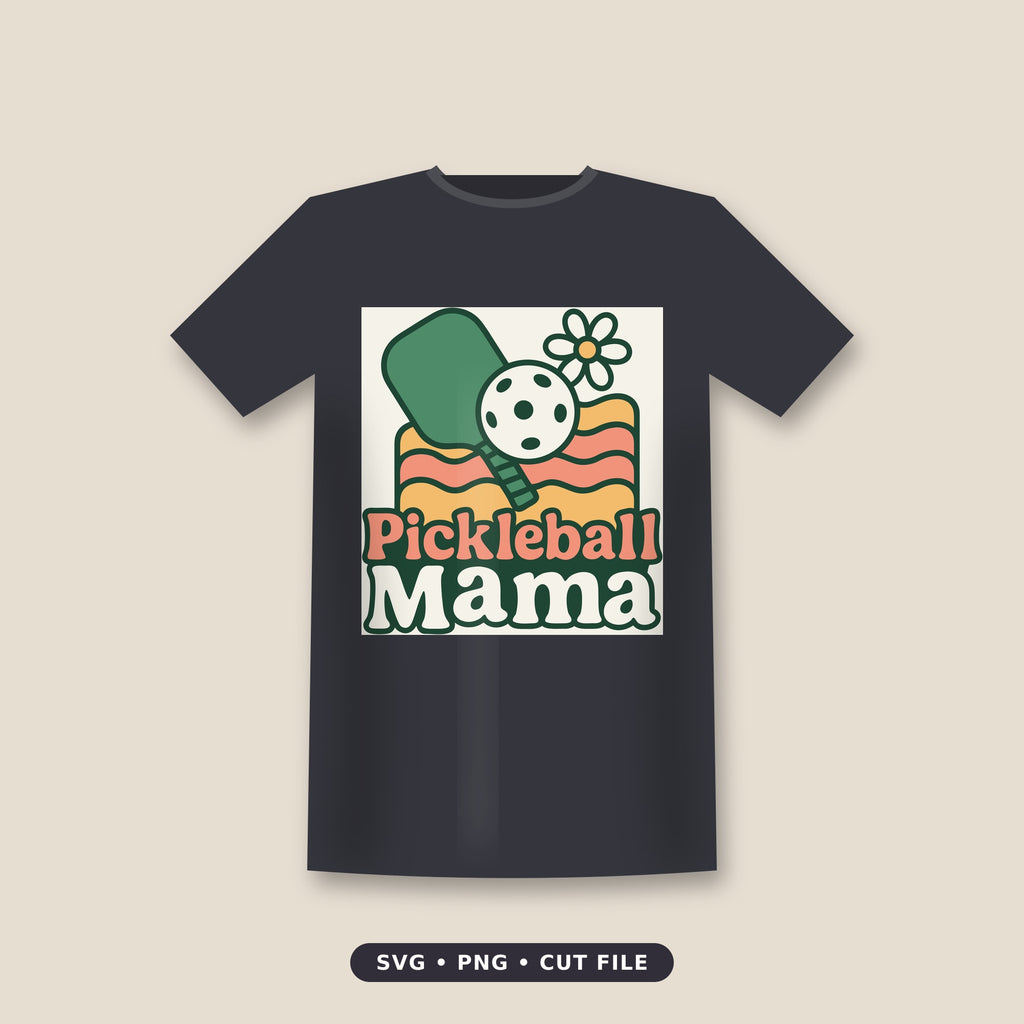 Retro pickleball mama design with a green paddle, white pickleball and daisy over wavy peach and golden stripes, with the text Pickleball Mama in groovy lettering.