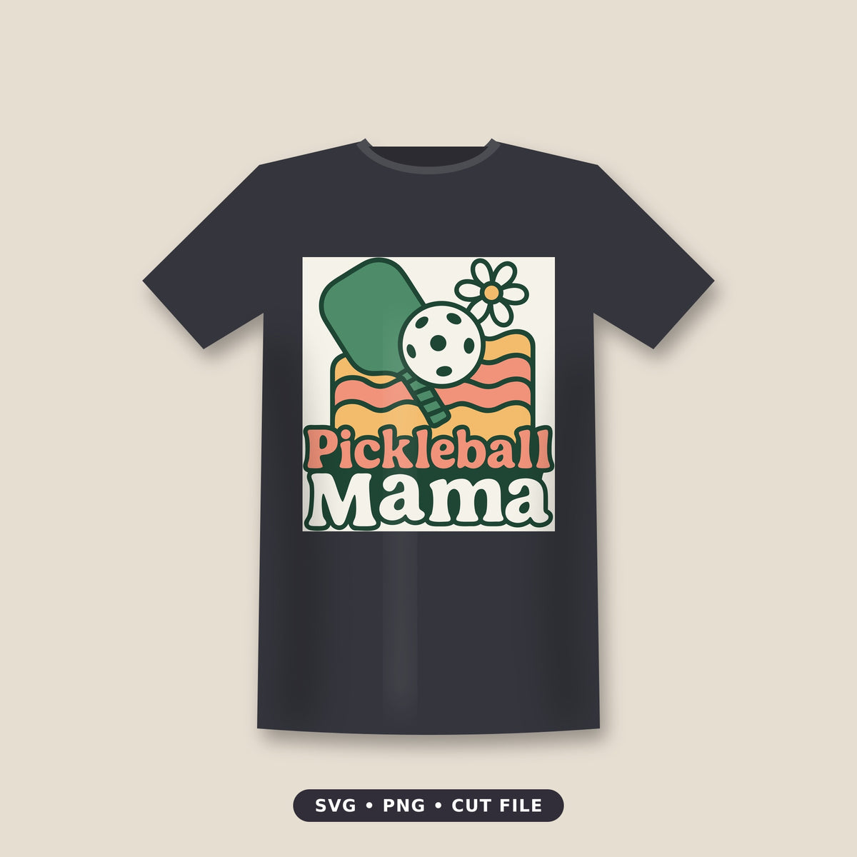 Retro pickleball mama design with a green paddle, white pickleball and daisy over wavy peach and golden stripes, with the text Pickleball Mama in groovy lettering.