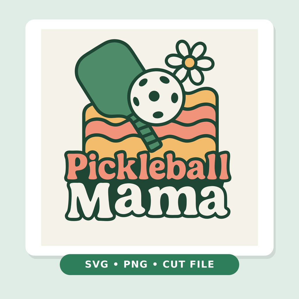 Retro pickleball mama design with a green paddle, white pickleball and daisy over wavy peach and golden stripes, with the text Pickleball Mama in groovy lettering.