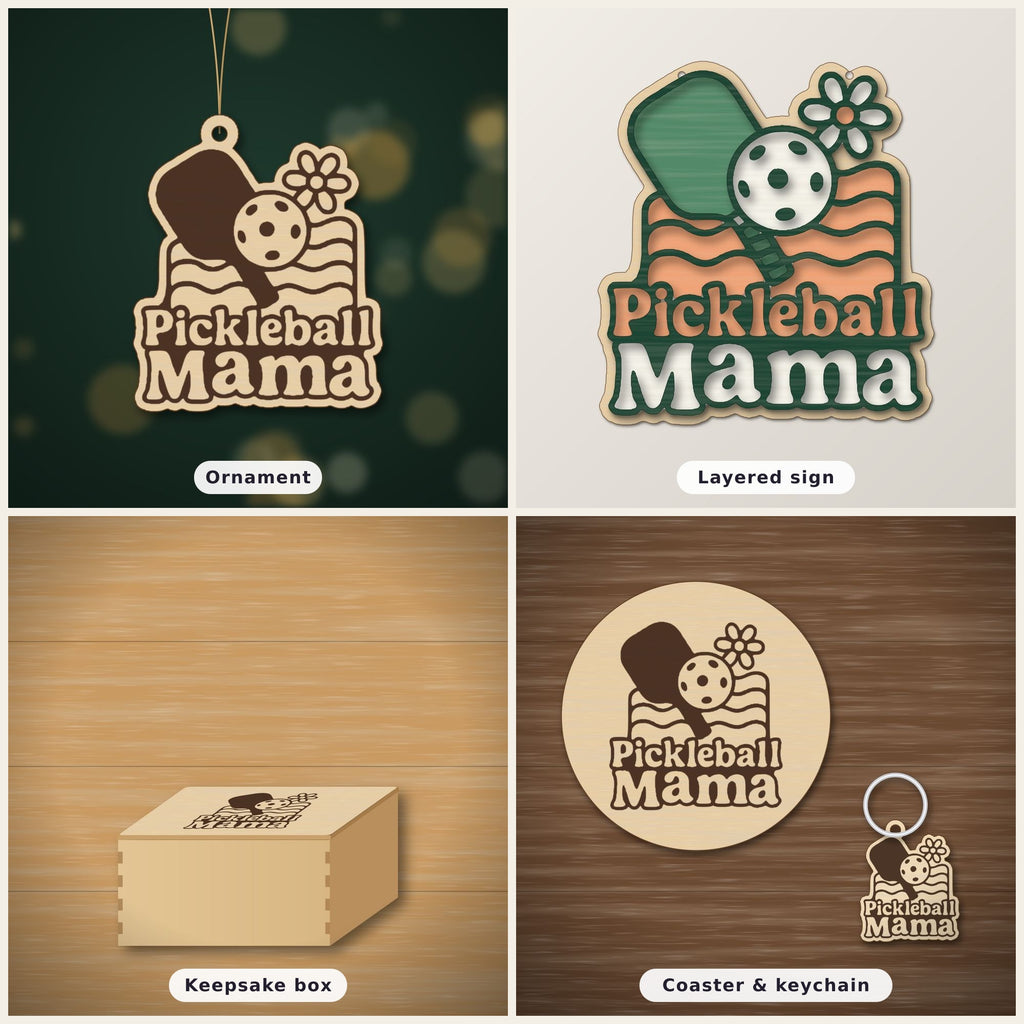 A wooden laser cut ornament with a groovy engraved pickleball paddle, ball, daisy and wavy lines above the words Pickleball Mama, hanging on a dark green bokeh background.