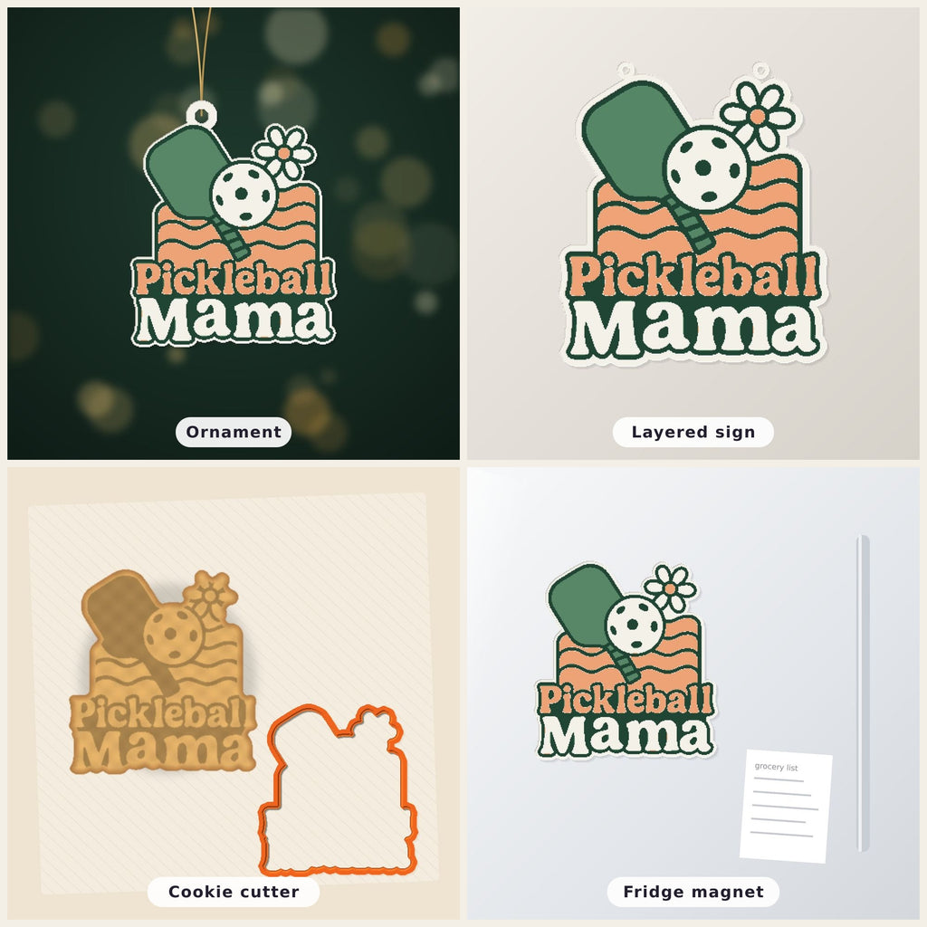 Retro Pickleball Mama ornament with a green paddle, white ball, daisy and peach wavy lines on a dark green blurred background, labeled 75 mm ornament, 4 colors.